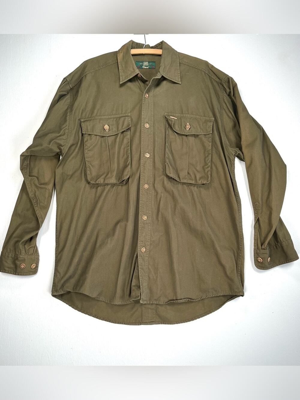 Vintage Orvis Olive Green Safari Bush Fishing Shirt Organic Cotton Large Utility